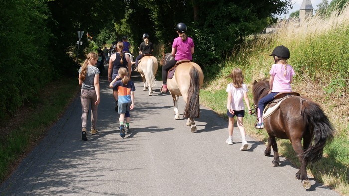 Menschen, die auf einem Weg gehen und Pferde reiten.