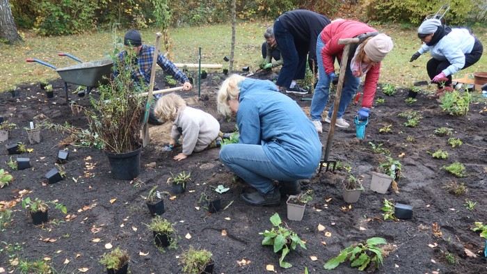 Menschen beim Pflanzen von Blumen und Sträuchern vorm Zentrum Dreieinigkeit