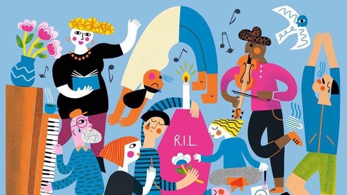 Farbenfrohe Illustration: Menschen musizieren, schreiben und mehr rund um einen pinken Sarg