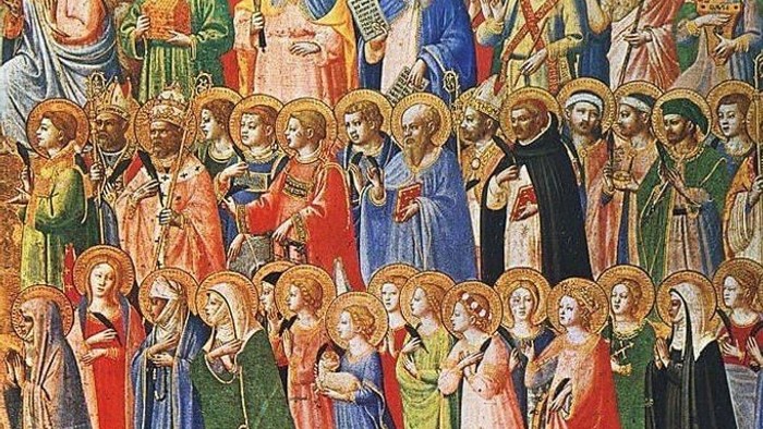 Religious artwork depicting a large group of saints and holy figures in colorful robes.