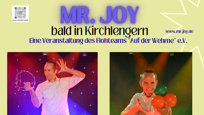 Plakat für die Veranstaltung *„Mr. Joy“* mit Illusionist, Komiker und Künstler – inklusive Details und QR-Code.