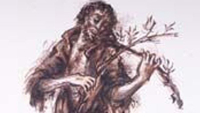 Das Bild zeigt einen alten Mann der auf einem Stock geige zu spielen scheint.