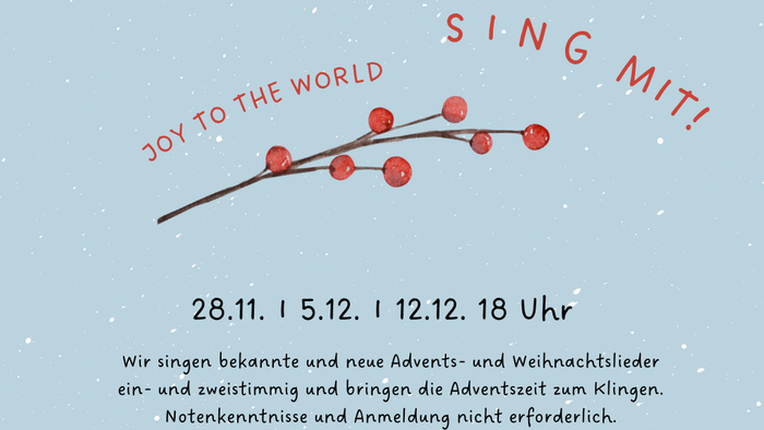 hellblauer Hintergrund mit Scheeflocken. Gemalter kleiner Zweig mit roten Beeren, Titel, Joy to the world Sing mit