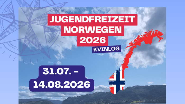 Informationsbild zur Jugendfreizeit 2026 nach Norwegen, Kvinlog, vom 31.07. - 14.08.2026 mit QR-Code Link zur Anmeldung