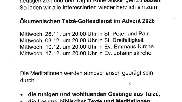 **Terminplan für die Advents-Taizé-Gottesdienste mit Daten, Uhrzeiten und Orten.**