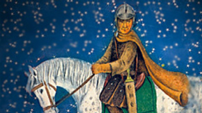 Ein Ritter auf einem weißen Pferd reitet vor einem blauen Hintergrund mit Sternen, während eine kniende Gestalt darunter sitzt