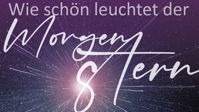 Das Bild zeigt einen kosmischen Hintergrund mit einer hellen Lichtquelle und einem Text auf Deutsch.