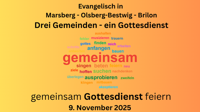 Wortwolke und Text laden zum gemeinsamen Gottesdienst ein.