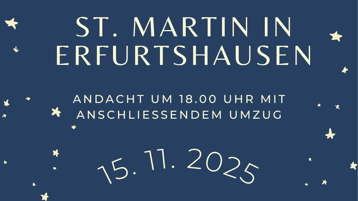 Plakat für St. Martin in Erfurthausen am **15.11.2025**, Beginn um **18:00 Uhr** mit Laternenumzug.