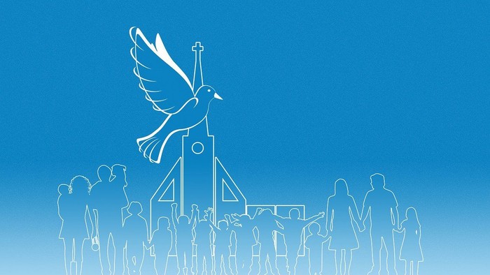 Illustration einer Vogelstatue mit Menschen, die sich um sie versammelt haben.