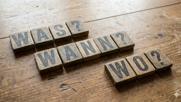 Auf einem Holztisch liegen Holzplättchen mit bedruckten Buchstaben. Diese bilden die Worte WAS? WANN? WO?