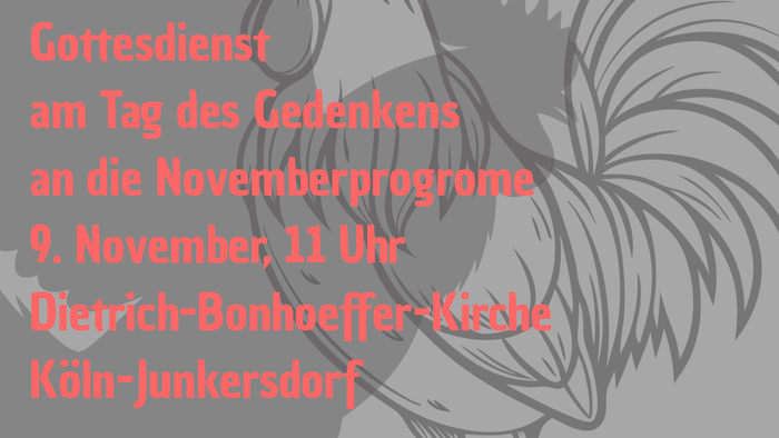 Plakat mit Hahn-Illustration und deutschem Text