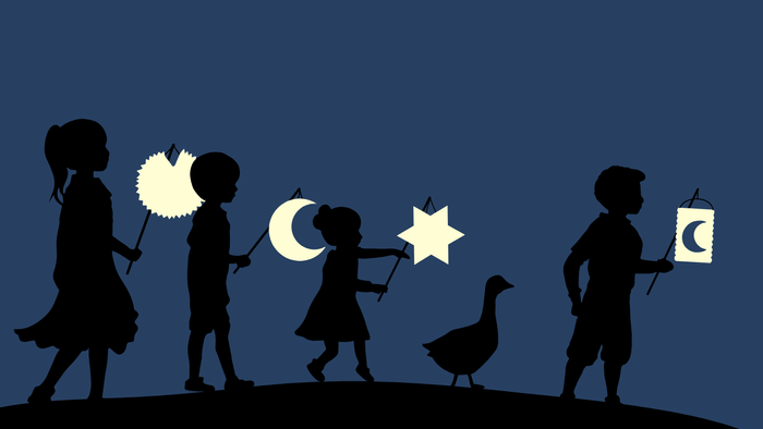 Kinder mit verschiedenen Gegenständen laufen in einer Reihe, angeführt von einer Ente.