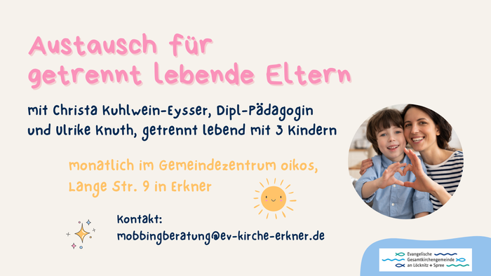 Das Bild ist eine Werbung für einen Erziehungsworkshop mit Christa Kuhlwein-Eysser, der Unterstützung bei der Kindererziehung anbietet.