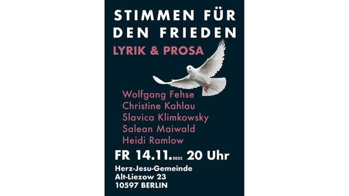 Plakat für eine Friedensveranstaltung mit Lyrik und Prosa, mit verschiedenen Autor:innen und weiteren Details.