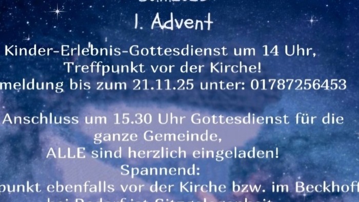**Ankündigung für den Kinder-Weihnachtsgottesdienst** Mit Zeit, Datum und Kontaktdaten.