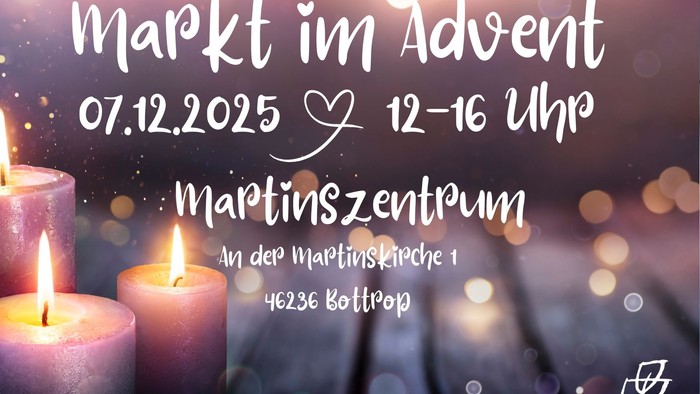 **Werbeanzeige für den Weihnachtsmarkt am 7. Dezember 2025, von 12–16 Uhr im Martinszentrum, Martinskirche 1, 46236 Bottrop**