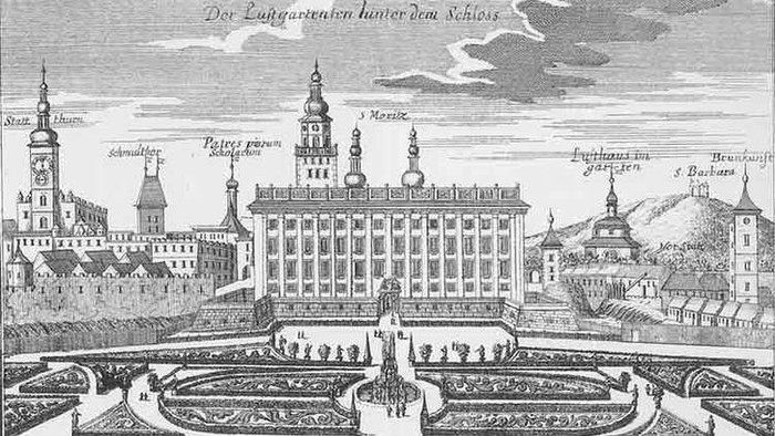 Historische Darstellung eines prächtigen Palastes mit formellen Gärten und umgebender Stadtlandschaft.