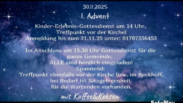 **Ankündigung für den Kinder-Weihnachtsgottesdienst** Mit Zeit, Datum und Kontaktdaten.