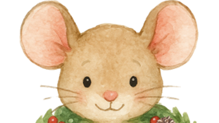 Ein Maus in einer Weihnachtskranz mit einer Schleife.