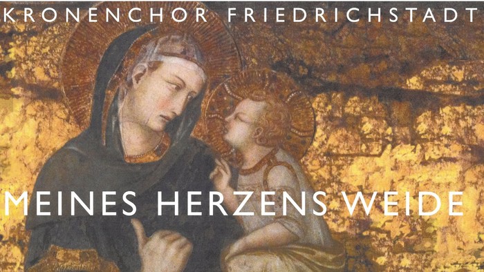 Plakat für die Veranstaltung des Kronenchors Friedrichstadt mit einem religiösen Kunstwerk und den Veranstaltungsdetails.