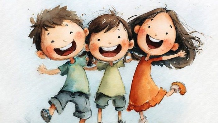 Tre glade børn med armene om skuldrene på hinanden