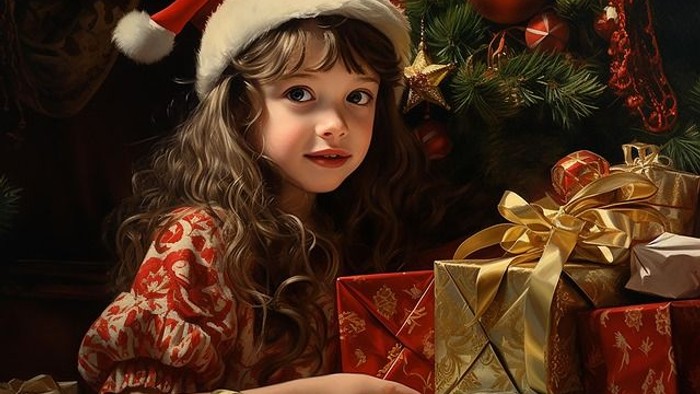 Lille pige med nissehue og gaver foran et juletræ