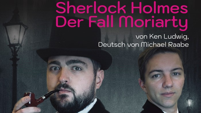 Plakat für das Theaterstück *Sherlock Holmes*, das Schauspieler in historischen Kostümen zeigt, mit Aufführungsdetails.