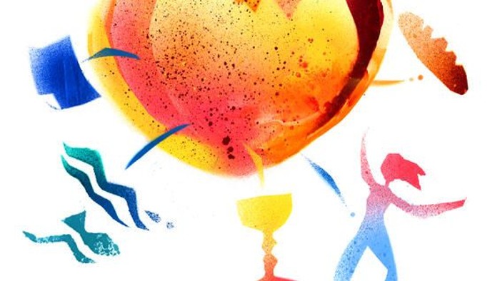 Bunte Illustration eines Herzens mit abstrakten Figuren und Gegenständen drum herum.