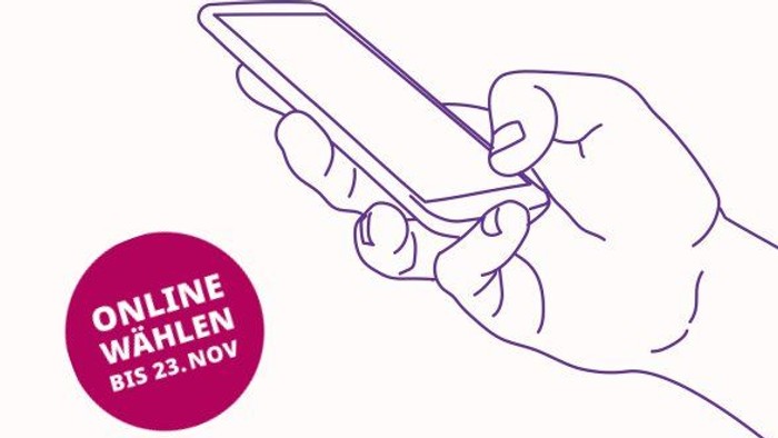 Hand hält Smartphone mit dem Text *„ONLINE WÄHLEN BIS 23. NOV“*