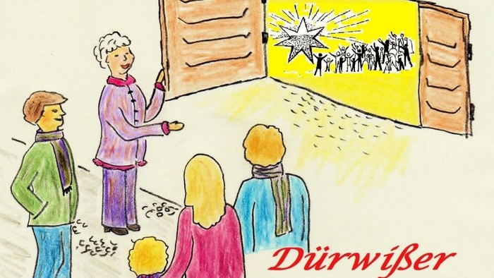 Eine Gruppe von Menschen steht vor einem Adventskalender, der von einer Frau geöffnet wird.