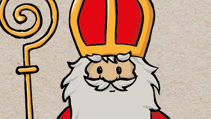 Zeichentrickdarstellung des heiligen Nikolaus mit Veranstaltungsdetails zum 6. Dezember 2025.