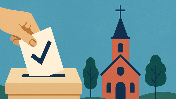 Eine Hand wirft eine Stimme in eine Wahlurne in der Nähe einer Kirche.