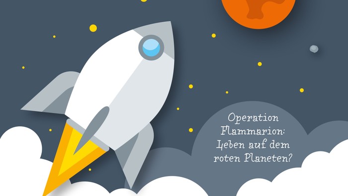 Eine Rakete startet ins All mit einem Planeten und deutschem Text.