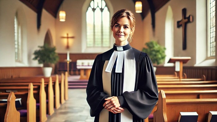 Eine Frau in Priesterkleidung steht in einer Kirche.