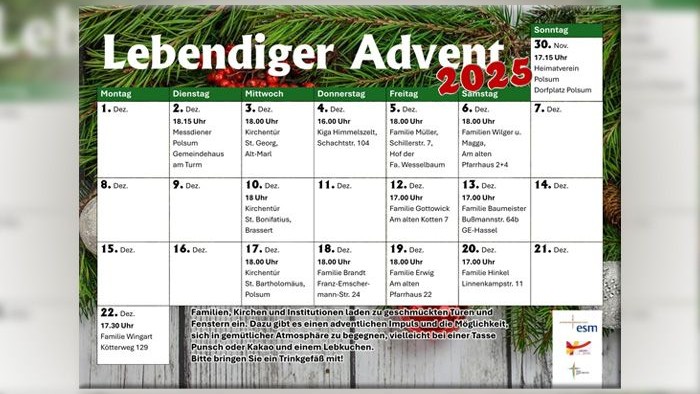 Das Bild zeigt einen Kalender mit der Überschrift Lebendiger Advent 2025