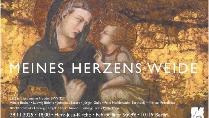 Plakat für die Veranstaltung des Kronenchors Friedrichstadt mit einem religiösen Kunstwerk und den Veranstaltungsdetails.