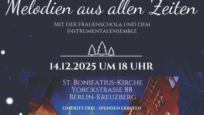 Plakat für eine Weihnachtsveranstaltung am **14. Dezember 2025** in der **St.-Bonifatius-Kirche** in **Berlin-Kreuzberg**