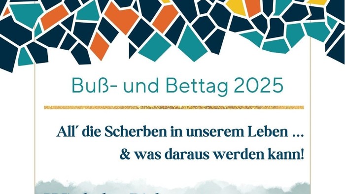Plakat zum Gottesdienst am 19. November 2025, gestaltet mit farbigen Scherbenmotiven am oberen und unteren Seitenrand