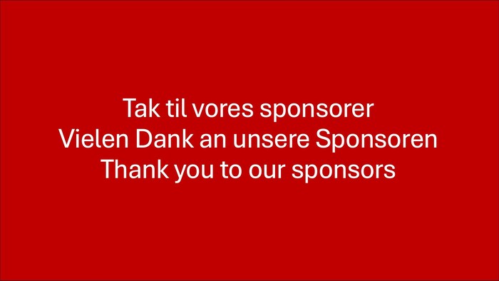 Billedet viser en rød baggrund med hvid tekst, der takker sponsorer på dansk og engelsk.