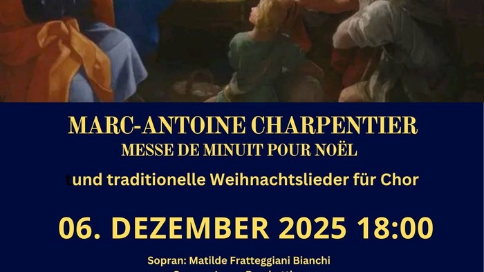 Plakat für ein Weihnachtskonzert des Herz-Jesu-Chores, mit Marc-Antoine Charpentiers *Messe de Minuit pour Noël*, inklusive Angaben zu Datum, Uhrzeit und Mitwirkenden.