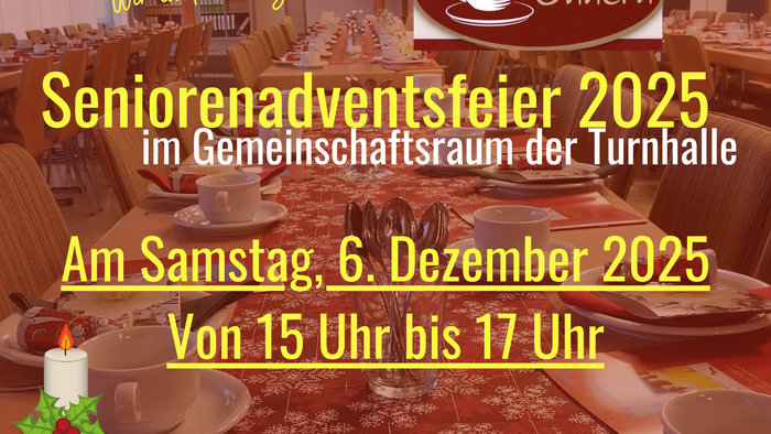 Im Hintergrund sind mit Kaffeeservice gedeckte Tische. Am oberen Bildrand sind Gestecke aus Christbaumzweigen zu sehen. Im Vordergrund links eine Kerze mit Mistelzweig. Außerdem Informationen zur Veranstaltung.