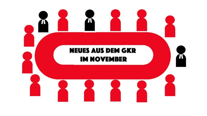 Personen stehen um einen roten Kreis mit Text 