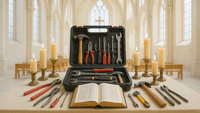 Werkzeugkasten und Werkzeuge auf einem Tisch mit Kerzen und einem Buch in einer Kirchenumgebung.