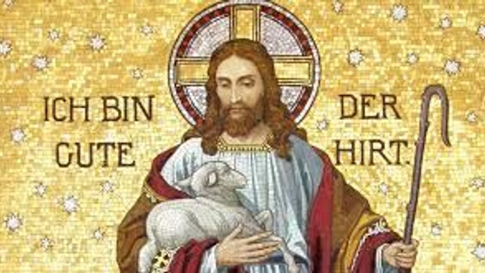 The image depicts a religious figure holding a lamb, with text in German above and below.