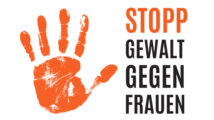 Ein oranger Handabdruck mit dem deutschen Text *„STOPP GEWALT GEGEN FRAUEN“* und der Website *„www.gewalt-stoppen.org“* auf schwarzem Hintergrund.
