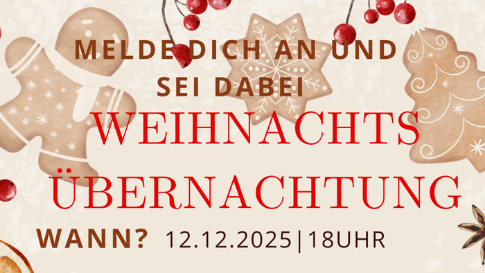 Lebkuchenmenschen, Weihnachtsbäume und Plätzchen mit Infotext über die Übernachtung.