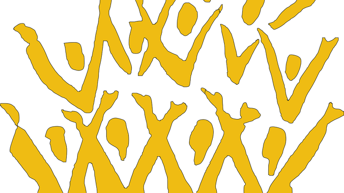 Eine Gruppe von Menschen feiert jubelnd mit erhobenen Armen