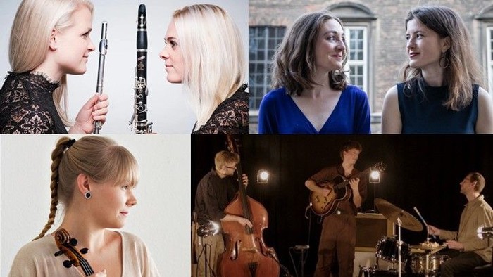 Musikere, der spiller på forskellige instrumenter, heriblandt violin, klarinet og trommer i forskellige omgivelser.