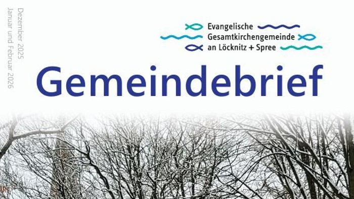 Schneelandschaft mit kahlen Bäumen vor einer Kirche, betitelt *„Gemeindebrief“*
